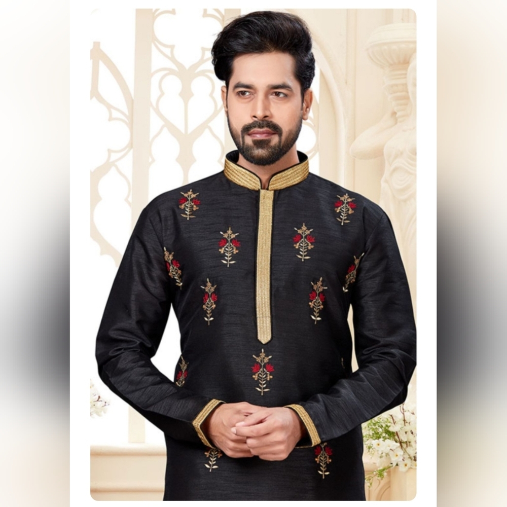 Black Embroidered Kurta with Gold Trim - Picture 2 of 2